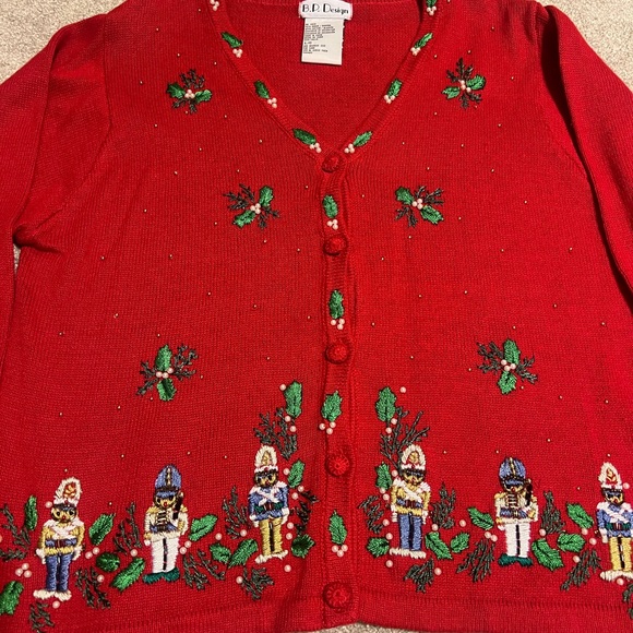 Vintage Red Christmas Cardigan with Nutcracker Design - Picture 3 of 7